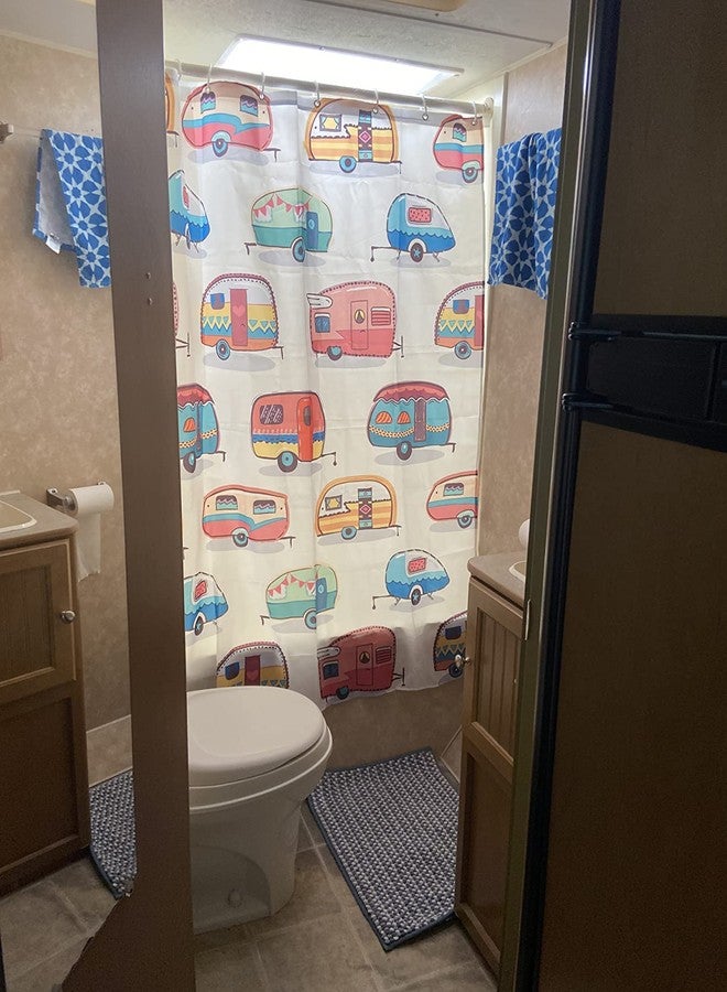 JAWO ستارة حمام JAWO RV لحمام التخييم في المقطورة، بتصميم كلاسيكي ممتع، ستارة حمام Happy Camper مع مجموعة خطافات، 47 × 64 بوصة - Image 5